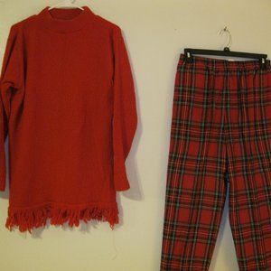 red sweater with red stewart  plaid pants